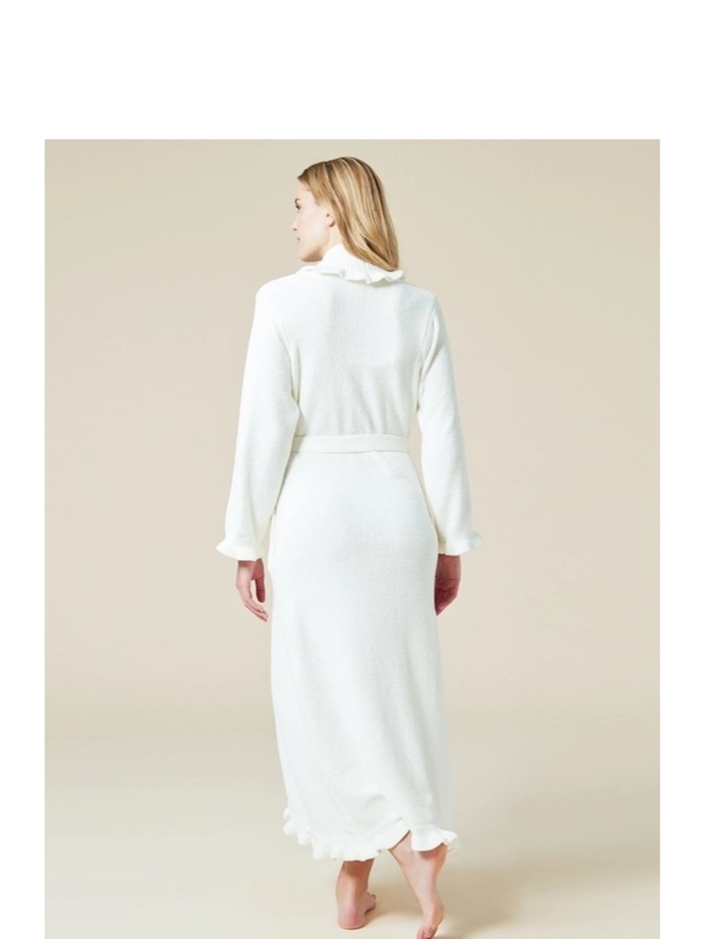 Women's Cream Long Terry Robe with Ruffle Trim